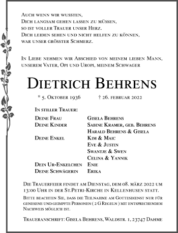 Traueranzeige von Dietrich Behrens von Lübecker Nachrichten