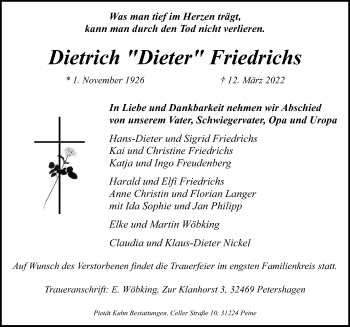 Traueranzeige von Dietrich Friedrichs von Peiner Allgemeine Zeitung