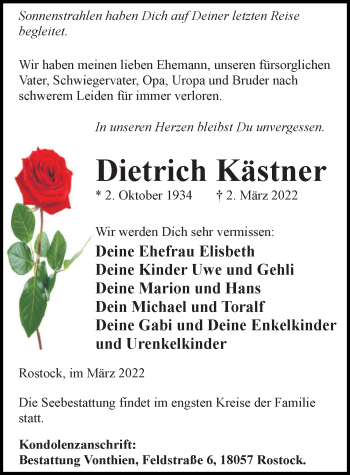Traueranzeige von Dietrich Kästner von Ostsee-Zeitung GmbH