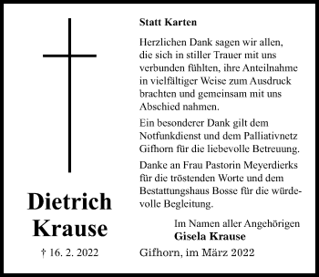 Traueranzeige von Dietrich Krause von Aller Zeitung