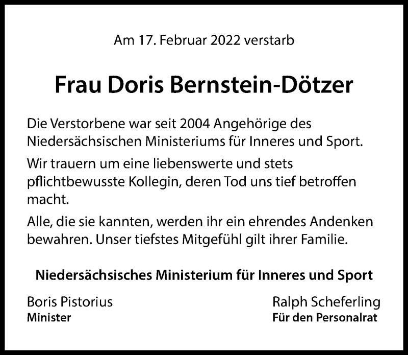  Traueranzeige für Doris Bernstein-Dötzer vom 11.03.2022 aus Hannoversche Allgemeine Zeitung/Neue Presse