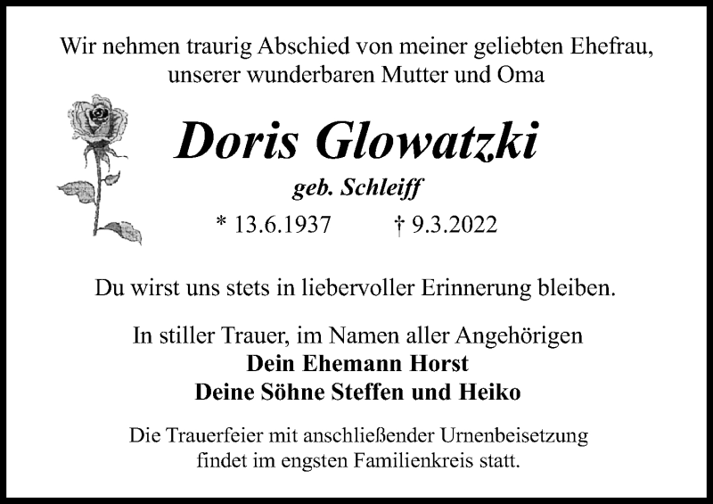  Traueranzeige für Doris Glowatzki vom 19.03.2022 aus Märkischen Allgemeine Zeitung