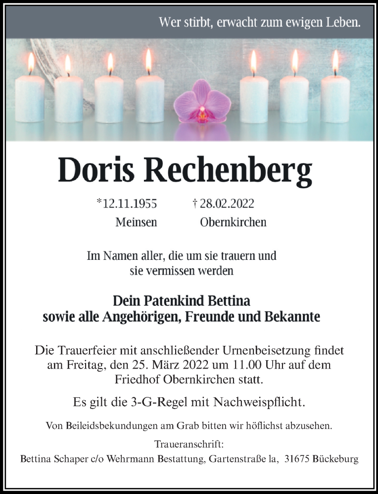  Traueranzeige für Doris Rechenberg vom 22.03.2022 aus Schaumburger Nachrichten