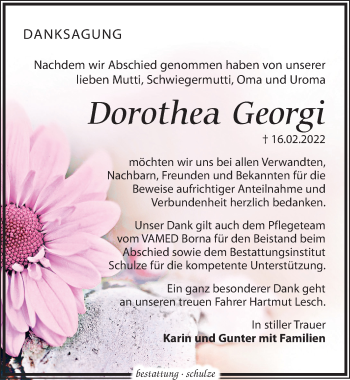 Traueranzeige von Dorothea Georgi von Leipziger Volkszeitung