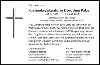 Traueranzeige von Dorothea Rabe von Aller Zeitung