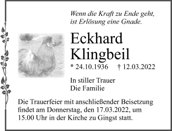 Traueranzeige von Eckhard Klingbeil von Ostsee-Zeitung GmbH