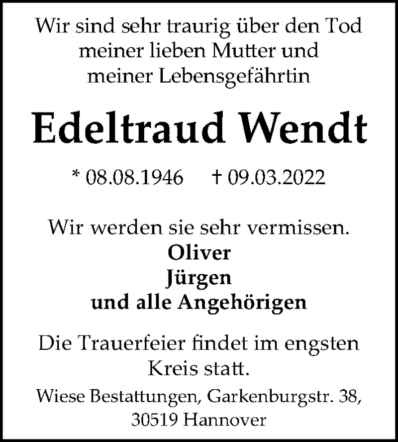  Traueranzeige für Edeltraud Wendt vom 19.03.2022 aus Hannoversche Allgemeine Zeitung/Neue Presse