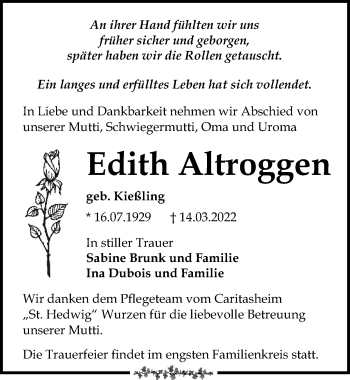 Traueranzeige von Edith Altroggen von Leipziger Volkszeitung