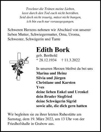 Traueranzeige von Edith Bork von Märkischen Allgemeine Zeitung