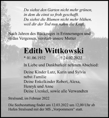 Traueranzeige von Edith Wittkowski von Ostsee-Zeitung GmbH
