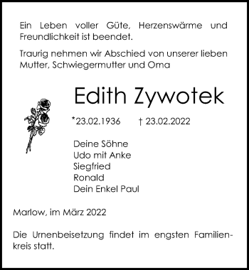 Traueranzeige von Edith Zywotek von Ostsee-Zeitung GmbH