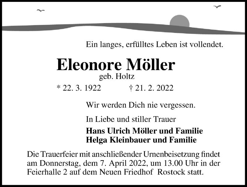 Traueranzeige für Eleonore Möller vom 26.03.2022 aus Ostsee-Zeitung GmbH
