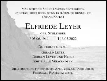 Traueranzeige von Elfreide Leyer von Ostsee-Zeitung GmbH