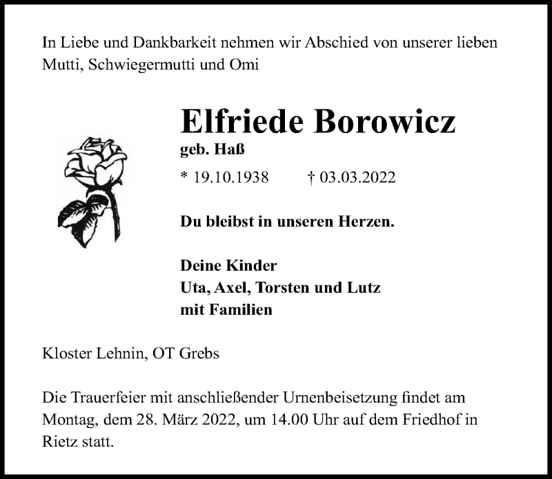  Traueranzeige für Elfriede Borowicz vom 12.03.2022 aus Märkischen Allgemeine Zeitung