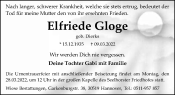 Traueranzeige von Elfriede Gloge von Hannoversche Allgemeine Zeitung/Neue Presse