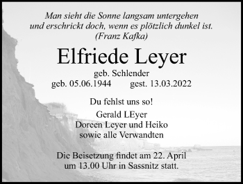 Traueranzeige von Elfriede Leyer von Ostsee-Zeitung GmbH