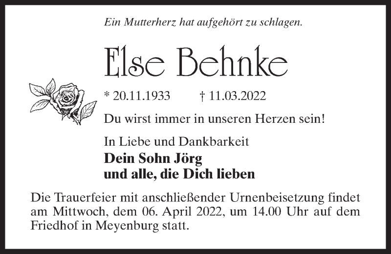  Traueranzeige für Else Behnke vom 26.03.2022 aus Märkischen Allgemeine Zeitung