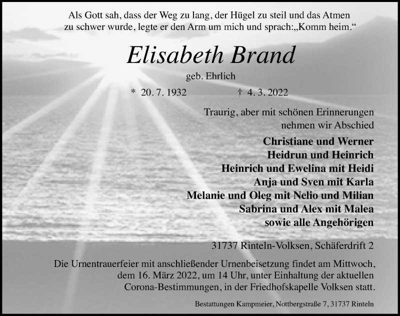  Traueranzeige für Elisabeth Brand vom 12.03.2022 aus Schaumburger Nachrichten