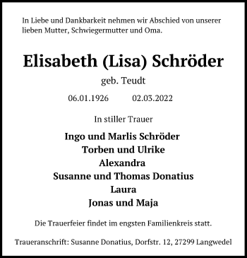 Traueranzeige von Elisabeth Schröder von Lübecker Nachrichten