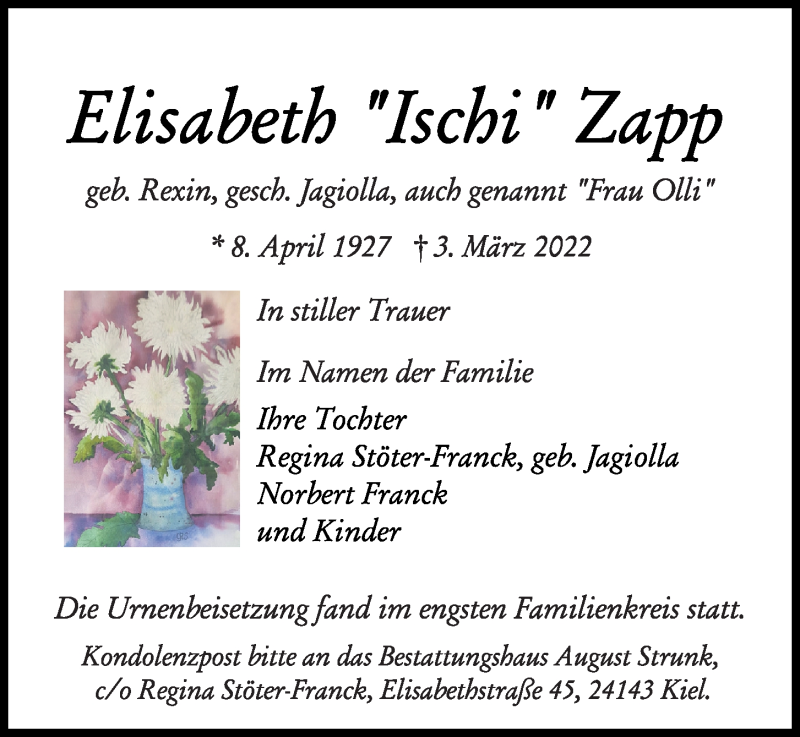  Traueranzeige für Elisabeth Zapp vom 19.03.2022 aus Kieler Nachrichten