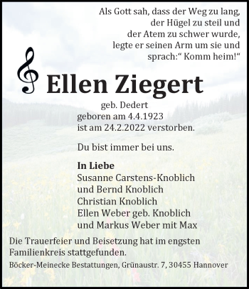 Traueranzeige von Ellen Ziegert von Hannoversche Allgemeine Zeitung/Neue Presse
