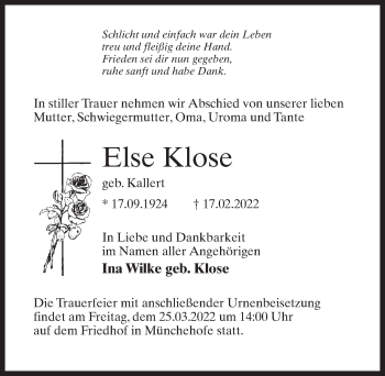Traueranzeige von Else Klose von Märkischen Allgemeine Zeitung