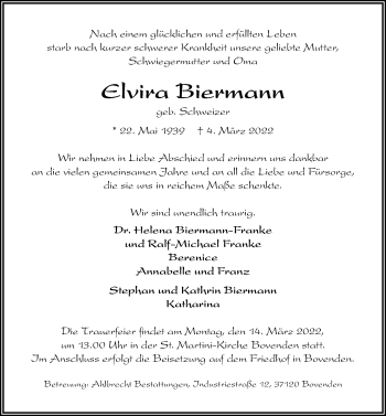 Traueranzeige von Elvira Biermann von Göttinger Tageblatt