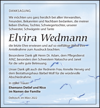 Traueranzeige von Elvira Wedmann von Leipziger Volkszeitung