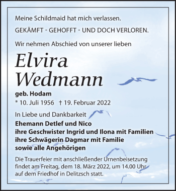 Traueranzeige von Elvira Wedmann von Leipziger Volkszeitung