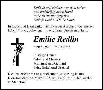 Traueranzeige von Emilie Redlin von Ostsee-Zeitung GmbH