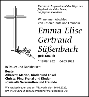 Traueranzeige von Emma Elise Gertraud Süßenbach von Leipziger Volkszeitung