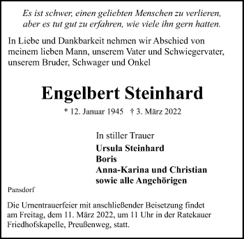 Traueranzeige von Engelbert Steinhard von Lübecker Nachrichten