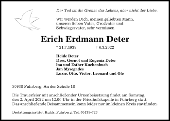 Traueranzeige von Erich Erdmann Deter von Hannoversche Allgemeine Zeitung/Neue Presse