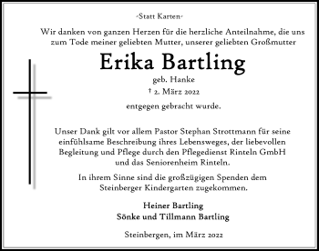 Traueranzeige von Erika Bartling von Schaumburger Nachrichten