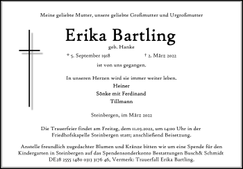 Traueranzeige von Erika Bartling von Schaumburger Nachrichten