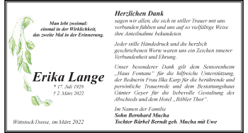 Traueranzeige von Erika Lange von Märkischen Allgemeine Zeitung