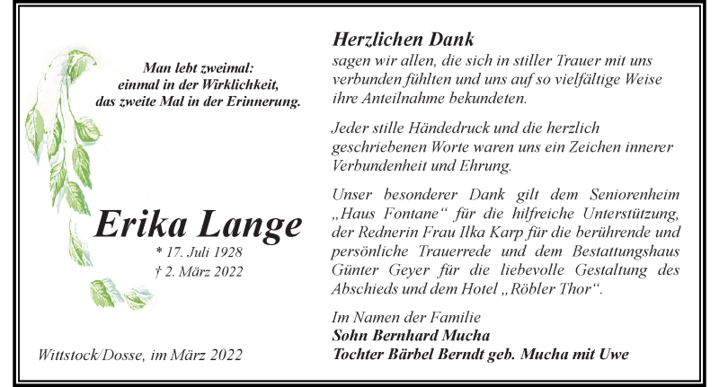  Traueranzeige für Erika Lange vom 26.03.2022 aus Märkischen Allgemeine Zeitung