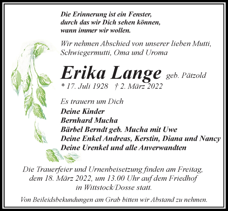  Traueranzeige für Erika Lange vom 12.03.2022 aus Märkischen Allgemeine Zeitung