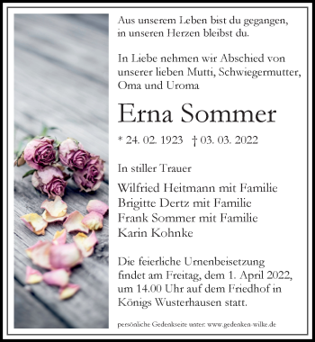 Traueranzeige von Erna Sommer von Märkischen Allgemeine Zeitung