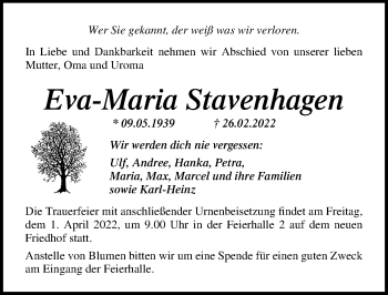 Traueranzeige von Eva-Maria Stavenhagen von Ostsee-Zeitung GmbH