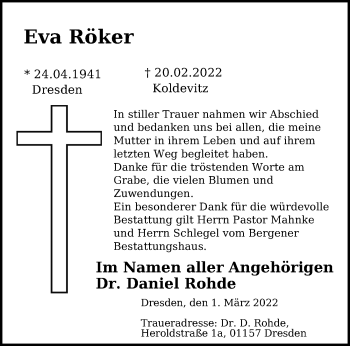 Traueranzeige von Eva Röker von Ostsee-Zeitung GmbH
