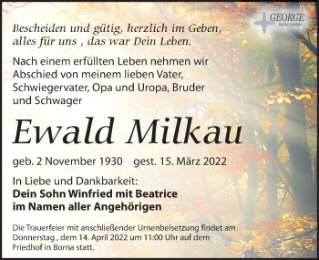 Traueranzeige von Ewald Milkau von Leipziger Volkszeitung