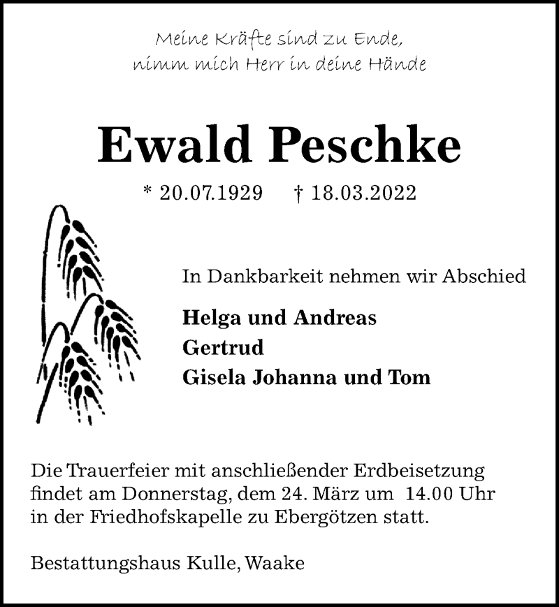  Traueranzeige für Ewald Peschke vom 22.03.2022 aus Göttinger Tageblatt