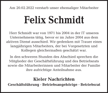 Traueranzeige von Felix Schmidt von Kieler Nachrichten