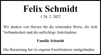 Traueranzeige von Felix Schmidt von Kieler Nachrichten
