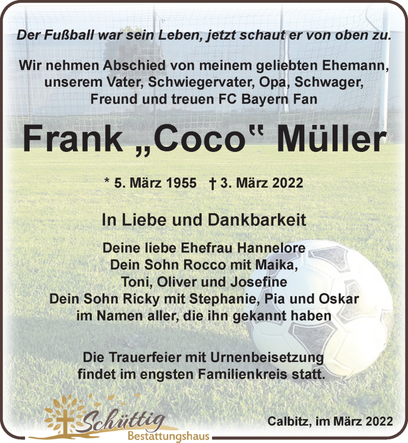  Traueranzeige für Frank Müller vom 12.03.2022 aus Leipziger Volkszeitung