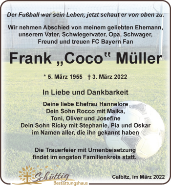 Traueranzeige von Frank Müller von Leipziger Volkszeitung