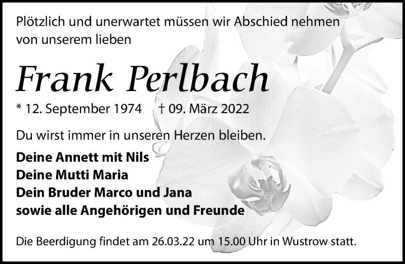  Traueranzeige für Frank Perlbach vom 26.03.2022 aus Leipziger Volkszeitung