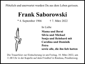Traueranzeige von Frank Saborowski von Lübecker Nachrichten