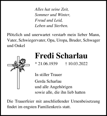 Traueranzeige von Fredi Scharlau von Ostsee-Zeitung GmbH